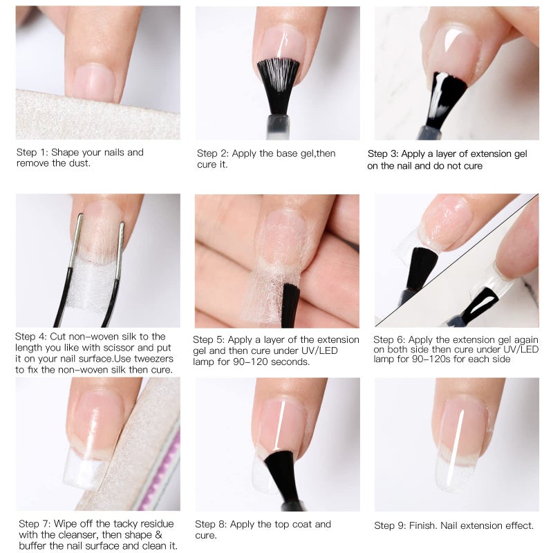 MEET ACROSS Fiberglass Nail Extension Kit with Building Gel Magical Silk Fiberglass Nail Wrap Form Quick Building Fiber Extension Gel, Nail File, Tweezers, Nail Tips Clip for Gel Extension Nail Art - Image 5
